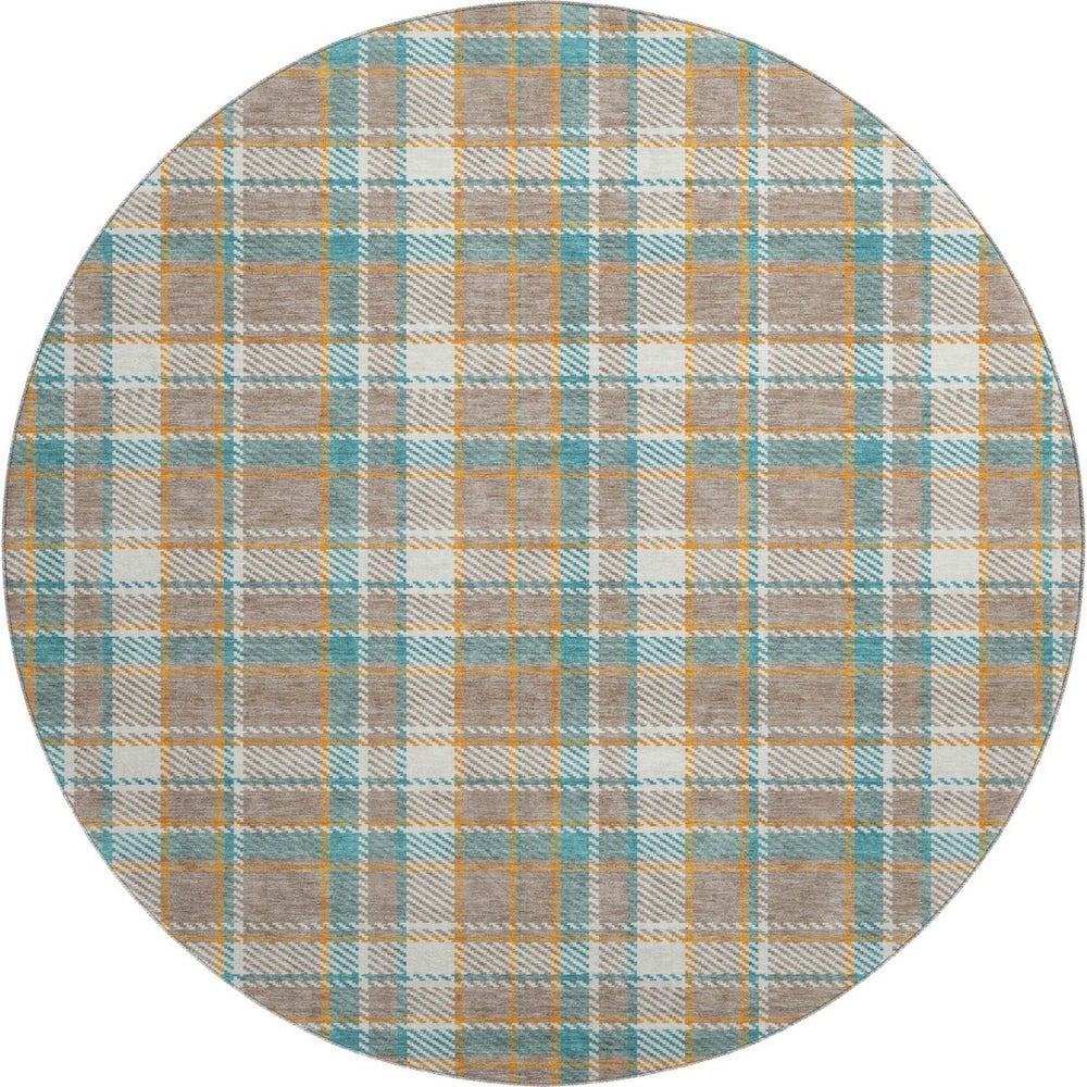 HomeRoots 8' X 8' Washable Round Rug in Taupe, Ivory & Teal Plaid - Durable, UV Protected, Perfect for Homes 692841