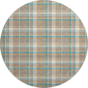 HomeRoots 8' X 8' Washable Round Rug in Taupe, Ivory & Teal Plaid - Durable, UV Protected, Perfect for Homes 692841