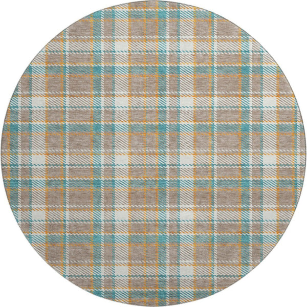 HomeRoots 8' X 8' Washable Round Rug in Taupe, Ivory & Teal Plaid - Durable, UV Protected, Perfect for Homes 692841