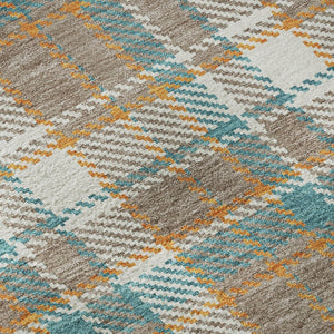 HomeRoots 8' X 8' Washable Round Rug in Taupe, Ivory & Teal Plaid - Durable, UV Protected, Perfect for Homes 692841