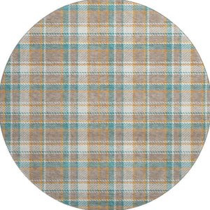 HomeRoots 8' X 8' Washable Round Rug in Taupe, Ivory & Teal Plaid - Durable, UV Protected, Perfect for Homes 692841