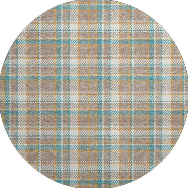 HomeRoots 8' X 8' Washable Round Rug in Taupe, Ivory & Teal Plaid - Durable, UV Protected, Perfect for Homes 692841