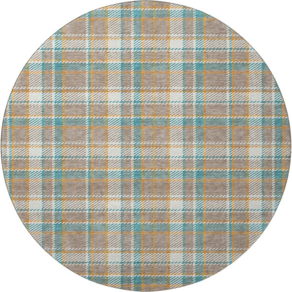 HomeRoots 8' X 8' Washable Round Rug in Taupe, Ivory & Teal Plaid - Durable, UV Protected, Perfect for Homes 692841