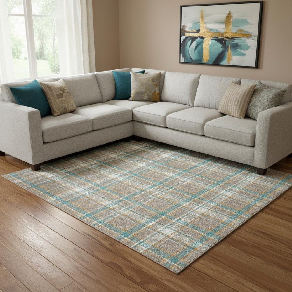 HomeRoots 8' Stylish Washable Area Rug in Taupe, Ivory & Teal Plaid with UV Protection for Active Homes 692842