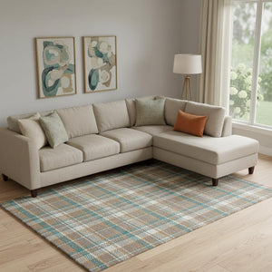 HomeRoots 9' X 12' Taupe Ivory Teal Plaid Area Rug - Washable, Stain-Resistant, UV Protected for Homes with Kids! 692843