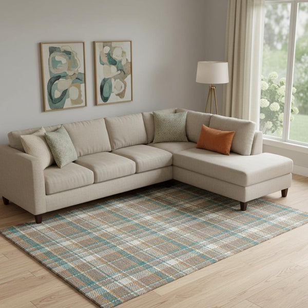 HomeRoots 9' X 12' Taupe Ivory Teal Plaid Area Rug - Washable, Stain-Resistant, UV Protected for Homes with Kids! 692843