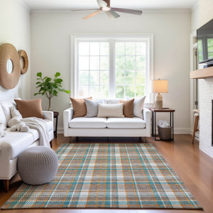 HomeRoots 9' X 12' Taupe Ivory Teal Plaid Area Rug - Washable, Stain-Resistant, UV Protected for Homes with Kids! 692843