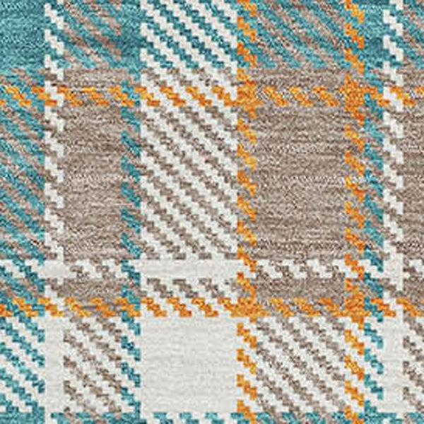 HomeRoots 9' X 12' Taupe Ivory Teal Plaid Area Rug - Washable, Stain-Resistant, UV Protected for Homes with Kids! 692843