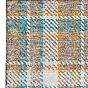 HomeRoots 9' X 12' Taupe Ivory Teal Plaid Area Rug - Washable, Stain-Resistant, UV Protected for Homes with Kids! 692843