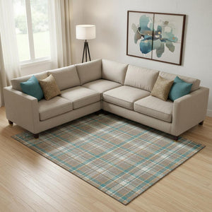 HomeRoots 10' Washable Taupe Ivory Teal Plaid Area Rug with UV Protection - Durable, Stylish, Pet-Friendly Décor 692844