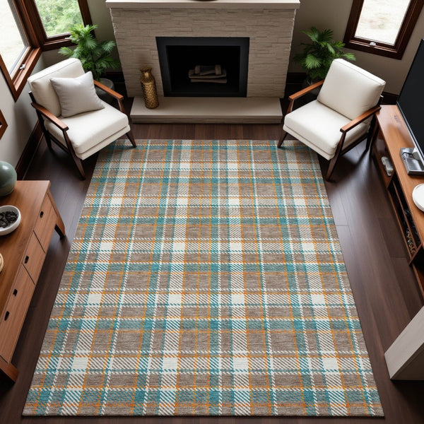 HomeRoots 10' Washable Taupe Ivory Teal Plaid Area Rug with UV Protection - Durable, Stylish, Pet-Friendly Décor 692844
