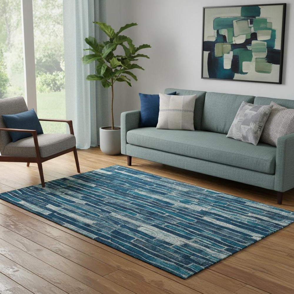 HomeRoots 5' Blue and Ivory Striped Washable Area Rug with UV Protection - Stylish, Durable, and Easy Care! 692846