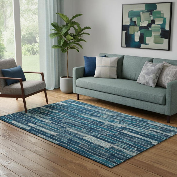 HomeRoots 5' Blue and Ivory Striped Washable Area Rug with UV Protection - Stylish, Durable, and Easy Care! 692846