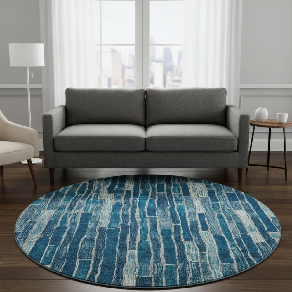 HomeRoots 8' X 8' Blue and Ivory Striped Round Rug - Stylish, Washable, UV-Protected for High-Traffic Areas 692847