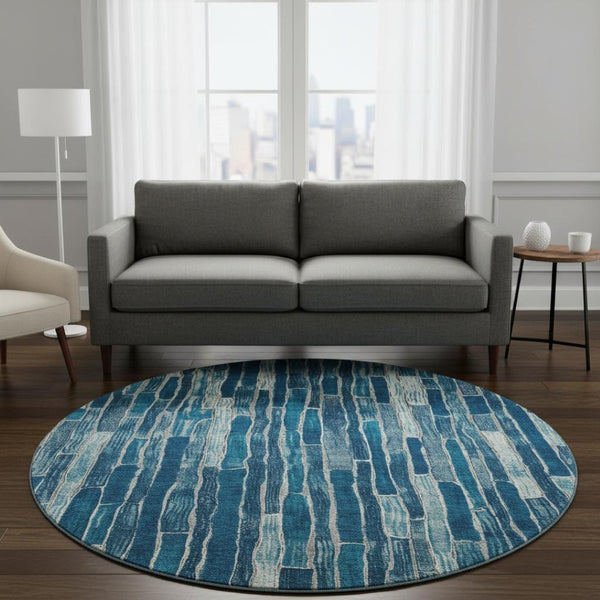 HomeRoots 8' X 8' Blue and Ivory Striped Round Rug - Stylish, Washable, UV-Protected for High-Traffic Areas 692847