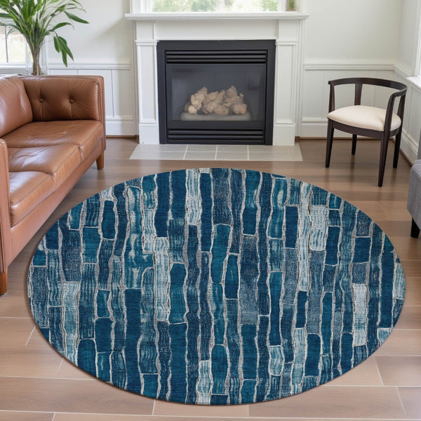 HomeRoots 8' X 8' Blue and Ivory Striped Round Rug - Stylish, Washable, UV-Protected for High-Traffic Areas 692847