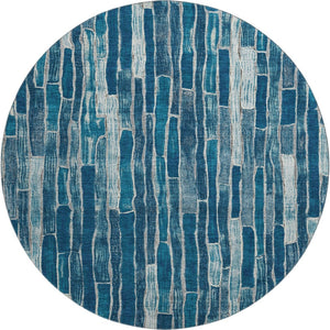 HomeRoots 8' X 8' Blue and Ivory Striped Round Rug - Stylish, Washable, UV-Protected for High-Traffic Areas 692847