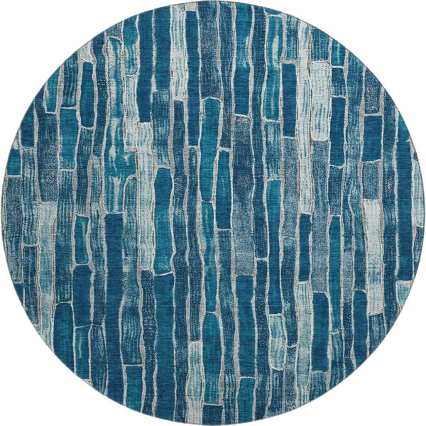 HomeRoots 8' X 8' Blue and Ivory Striped Round Rug - Stylish, Washable, UV-Protected for High-Traffic Areas 692847