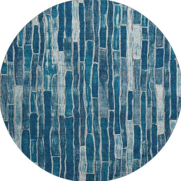 HomeRoots 8' X 8' Blue and Ivory Striped Round Rug - Stylish, Washable, UV-Protected for High-Traffic Areas 692847