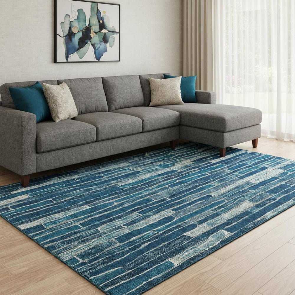 HomeRoots 8' Blue and Ivory Striped Washable Area Rug - Durable, UV Protected, Stain Resistant for Busy Homes 692848
