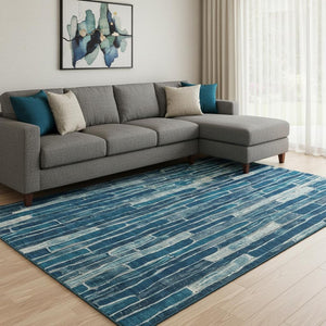 HomeRoots 8' Blue and Ivory Striped Washable Area Rug - Durable, UV Protected, Stain Resistant for Busy Homes 692848