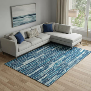 HomeRoots 10' Blue and Ivory Striped Washable Area Rug - UV Protected, Stain Resistant, Durable for Indoor/Outdoor Use 692850