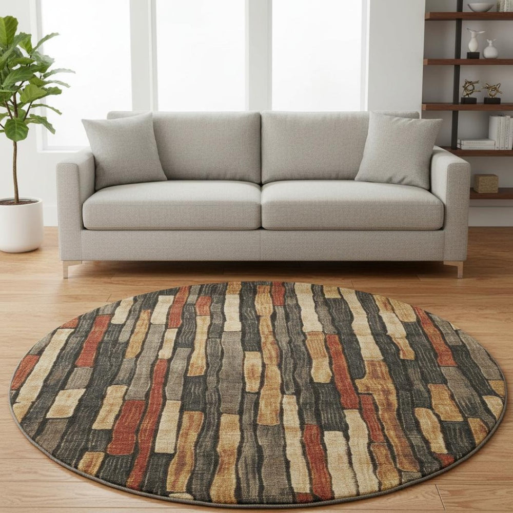 HomeRoots 8' X 8' Washable Round Rug in Coffee, Rust & Copper - UV Protected, Durable, & Stylish for Homes 692853