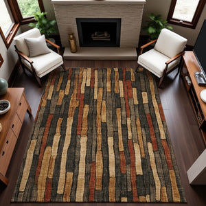 HomeRoots 9' X 12' Stylish Coffee Rust & Copper Striped Area Rug - Durable, Washable, UV Protected for Any Space 692855