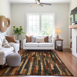 HomeRoots 9' X 12' Stylish Coffee Rust & Copper Striped Area Rug - Durable, Washable, UV Protected for Any Space 692855