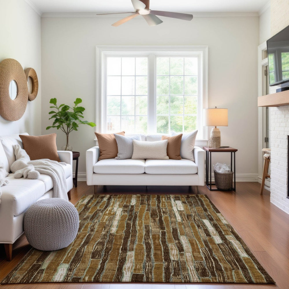HomeRoots 5' X 8' Coffee Ivory Taupe Striped Washable Area Rug – UV Protected, Stain Resistant, Durable Design 692858