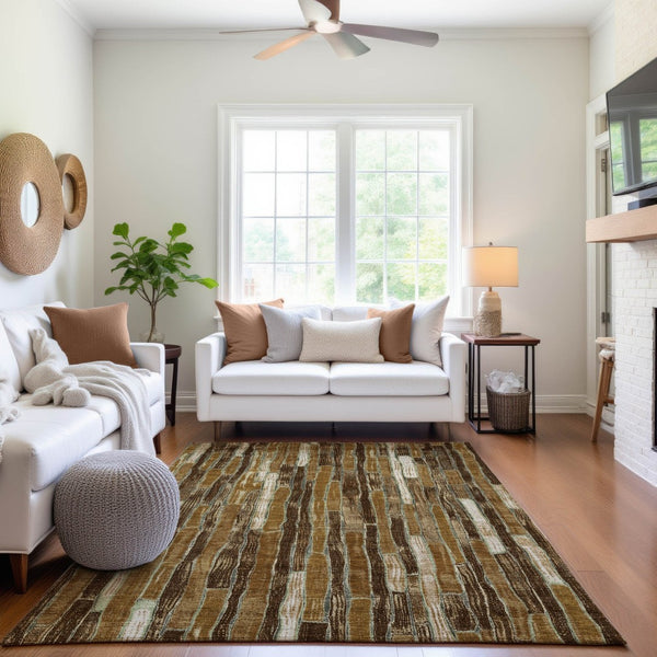 HomeRoots 5' X 8' Coffee Ivory Taupe Striped Washable Area Rug – UV Protected, Stain Resistant, Durable Design 692858