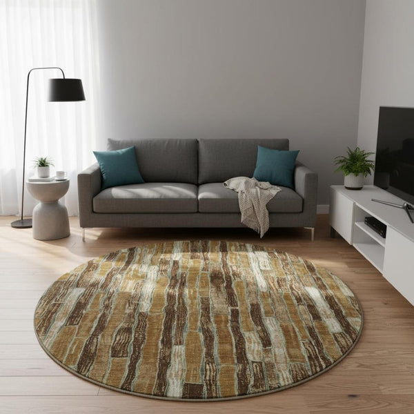HomeRoots 8' X 8' Washable Round Rug in Coffee Ivory & Taupe Stripes - UV Protected for Stylish Spaces! 692859