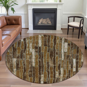 HomeRoots 8' X 8' Washable Round Rug in Coffee Ivory & Taupe Stripes - UV Protected for Stylish Spaces! 692859
