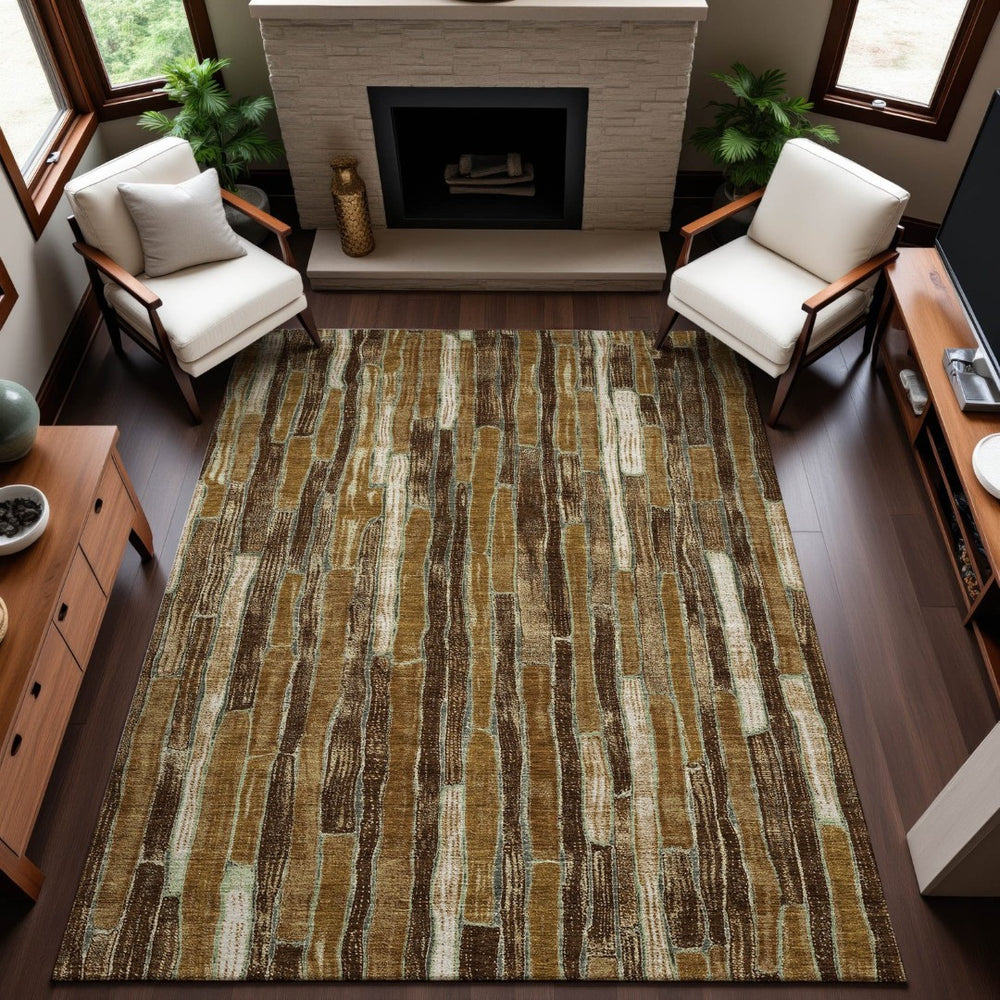 HomeRoots 9' X 12' Washable Area Rug in Coffee, Ivory & Taupe Stripes - Durable, UV-Protected & Stylish Design 692861