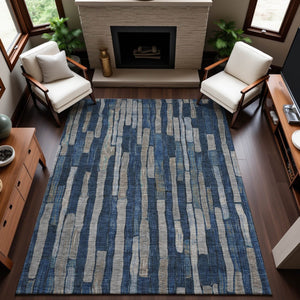 HomeRoots 5' Navy Blue and Gray Striped Washable Area Rug with UV Protection – Durable, Non-Slip, Stylish! 692864