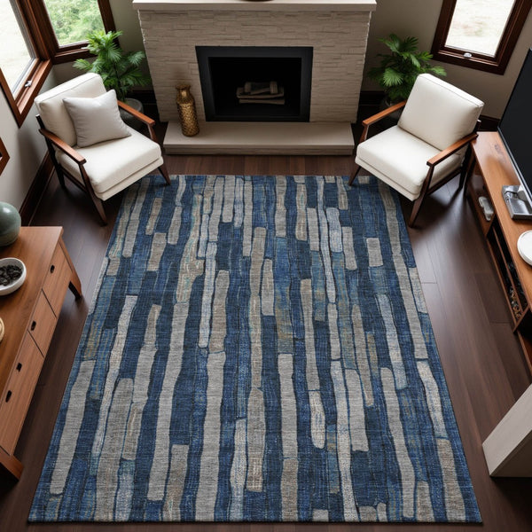HomeRoots 5' Navy Blue and Gray Striped Washable Area Rug with UV Protection – Durable, Non-Slip, Stylish! 692864