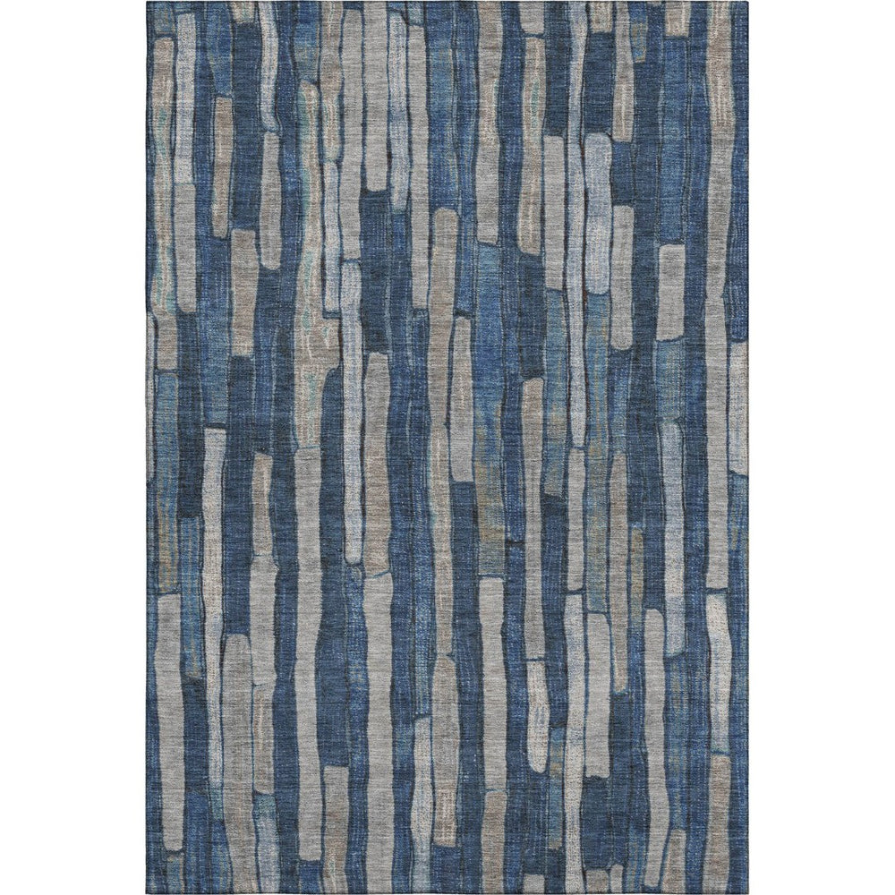 HomeRoots 5' Navy Blue and Gray Striped Washable Area Rug with UV Protection – Durable, Non-Slip, Stylish! 692864