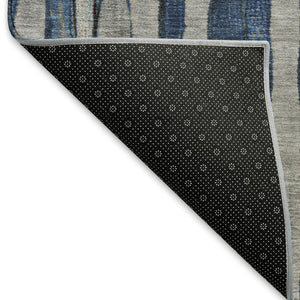 HomeRoots 5' Navy Blue and Gray Striped Washable Area Rug with UV Protection – Durable, Non-Slip, Stylish! 692864
