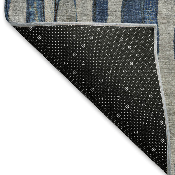 HomeRoots 5' Navy Blue and Gray Striped Washable Area Rug with UV Protection – Durable, Non-Slip, Stylish! 692864