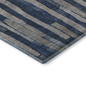 HomeRoots 5' Navy Blue and Gray Striped Washable Area Rug with UV Protection – Durable, Non-Slip, Stylish! 692864