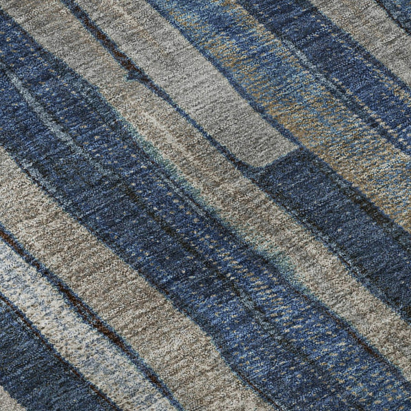 HomeRoots 5' Navy Blue and Gray Striped Washable Area Rug with UV Protection – Durable, Non-Slip, Stylish! 692864