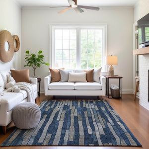 HomeRoots 5' Navy Blue and Gray Striped Washable Area Rug with UV Protection – Durable, Non-Slip, Stylish! 692864
