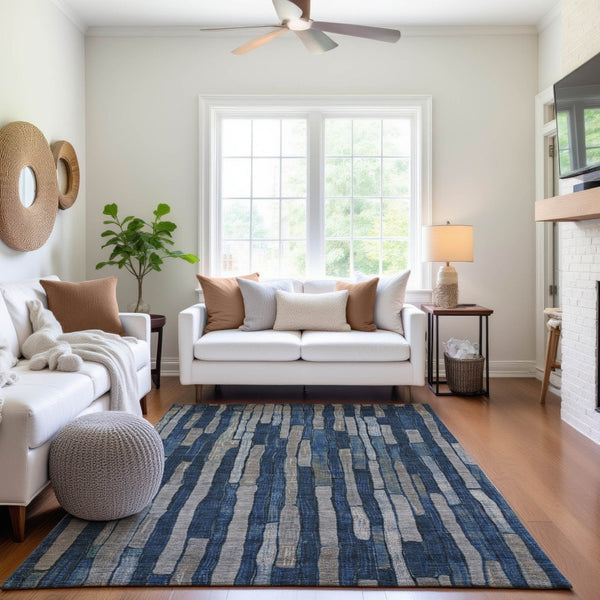HomeRoots 5' Navy Blue and Gray Striped Washable Area Rug with UV Protection – Durable, Non-Slip, Stylish! 692864