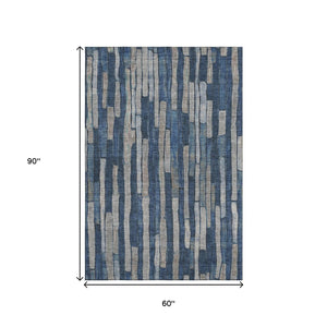 HomeRoots 5' Navy Blue and Gray Striped Washable Area Rug with UV Protection – Durable, Non-Slip, Stylish! 692864
