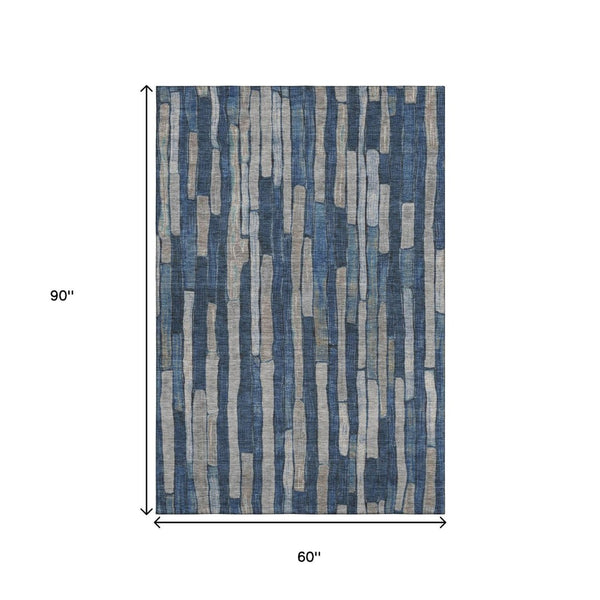 HomeRoots 5' Navy Blue and Gray Striped Washable Area Rug with UV Protection – Durable, Non-Slip, Stylish! 692864