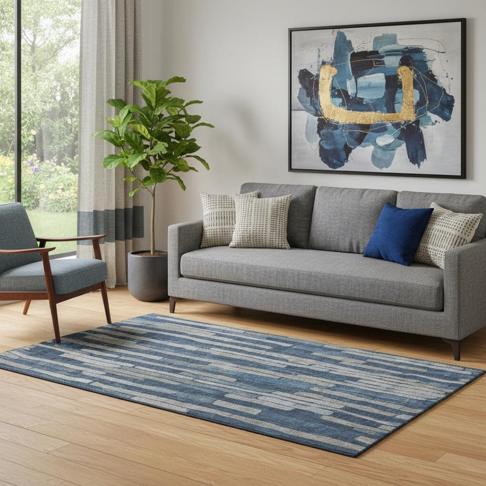 HomeRoots 5' Navy Blue and Gray Striped Washable Area Rug with UV Protection – Durable, Non-Slip, Stylish! 692864