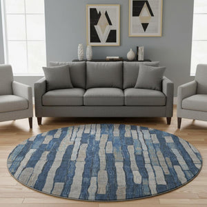 HomeRoots 8' X 8' Stylish Navy Blue & Gray Striped Washable Round Rug with UV Protection for High-Traffic Areas 692865