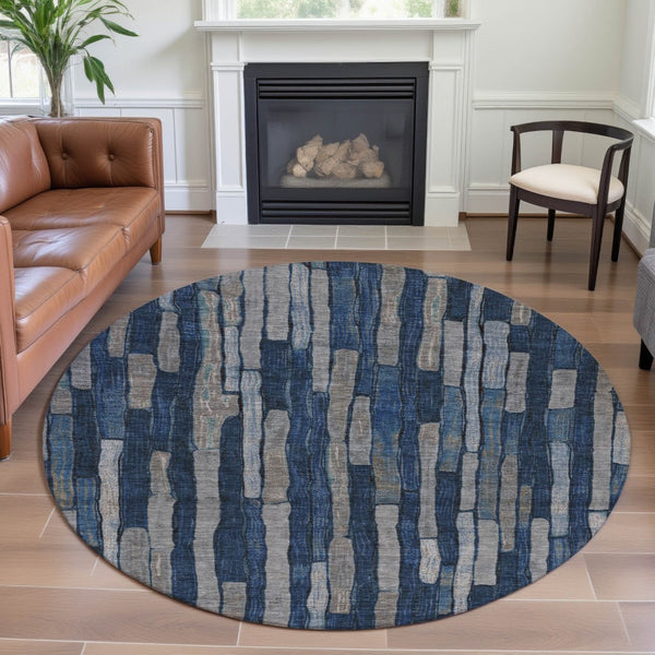 HomeRoots 8' X 8' Stylish Navy Blue & Gray Striped Washable Round Rug with UV Protection for High-Traffic Areas 692865