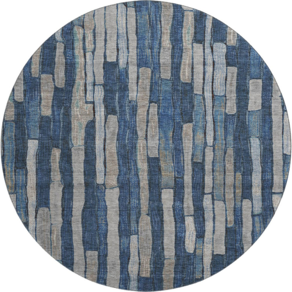 HomeRoots 8' X 8' Stylish Navy Blue & Gray Striped Washable Round Rug with UV Protection for High-Traffic Areas 692865
