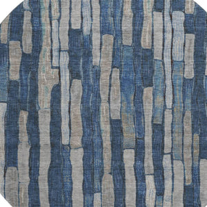 HomeRoots 8' X 8' Stylish Navy Blue & Gray Striped Washable Round Rug with UV Protection for High-Traffic Areas 692865